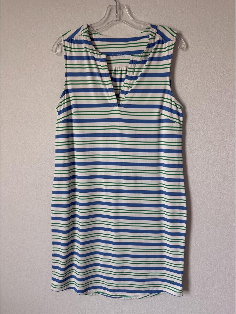 Southern Tide Striped White/Blue/Green V-Neck Sleeveless Tank Dress Size M